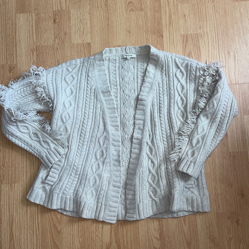 Madewell Cable Knit Cream Cardigan / Sweater Jacket with Fringe Sleeve Size Smal - Picture 3 of 8